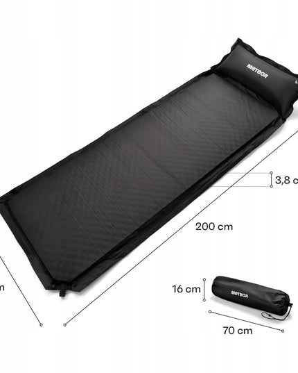 Automatiškai pripučiamas turistinis kilimėlis Meteor 200x66x3,8 cm su pagalvėle juodas stovyklavimui ir kelionėms