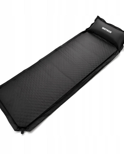 Automatiškai pripučiamas turistinis kilimėlis Meteor 200x66x3,8 cm su pagalvėle juodas stovyklavimui ir kelionėms