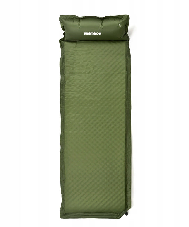 Automatiškai pripučiamas turistinis kilimėlis Meteor 200x66x3,8 cm su pagalvėle žalias stovyklavimui ir kelionėms