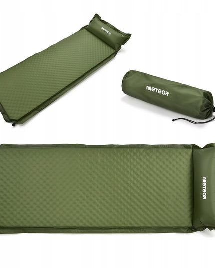 Automatiškai pripučiamas turistinis kilimėlis Meteor 200x66x3,8 cm su pagalvėle žalias stovyklavimui ir kelionėms