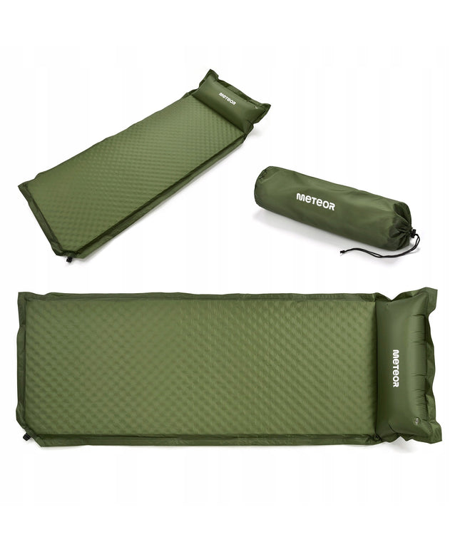 Automatiškai pripučiamas turistinis kilimėlis Meteor 200x66x3,8 cm su pagalvėle žalias stovyklavimui ir kelionėms