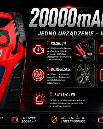 Automobilinis paleidiklis (Jump Starter) su kompresoriumi ir Powerbank 5-in-1, 12V 20000mAh, BLOW