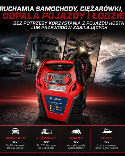Automobilinis paleidiklis (Jump Starter) su kompresoriumi ir Powerbank 5-in-1, 12V 20000mAh, BLOW