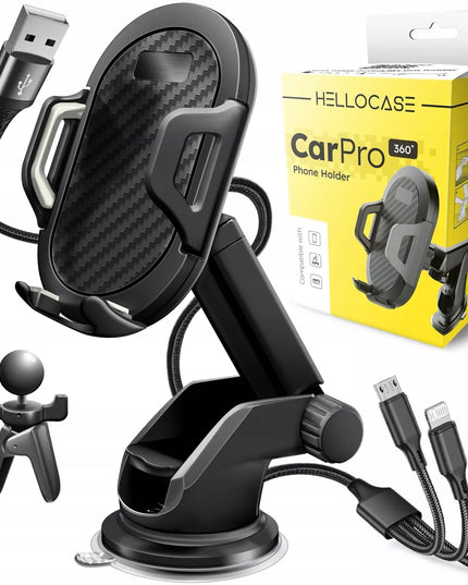 Automobilinis telefono laikiklis Hello Case ant priekinio stiklo, prietaisų skydelio ar grotelių + 3in1 USB laidas