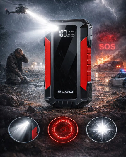 Automobilinis užvediklis BLOW JS-12 Jump Starter 1000A 12000mAh su powerbanku ir avariniu plaktuku