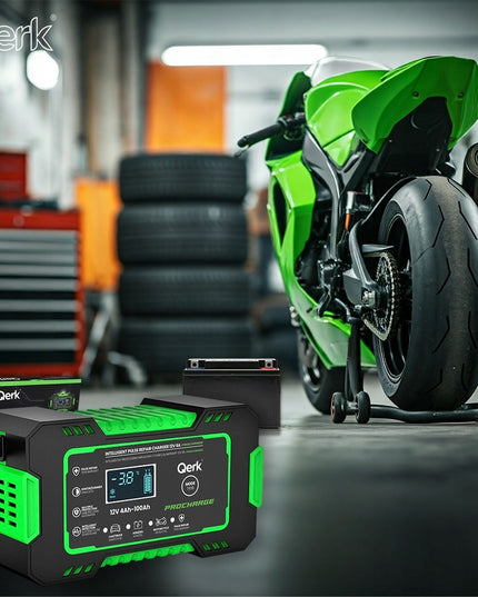 Automobilio akumuliatoriaus pakrovėjas 12V 6A su mikroprocesoriumi ir akumuliatoriaus taisymo funkcija QERK RJ-C120501A, impulsinis automatinis pakrovėjas AGM GEL EFB Start Stop akumuliatoriams