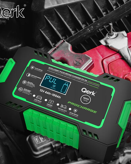 Automobilio akumuliatoriaus pakrovėjas 12V 6A su mikroprocesoriumi ir akumuliatoriaus taisymo funkcija QERK RJ-C120501A, impulsinis automatinis pakrovėjas AGM GEL EFB Start Stop akumuliatoriams