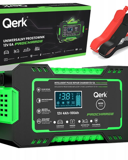 Automobilio akumuliatoriaus pakrovėjas 12V 6A su mikroprocesoriumi ir akumuliatoriaus taisymo funkcija QERK RJ-C120501A, impulsinis automatinis pakrovėjas AGM GEL EFB Start Stop akumuliatoriams