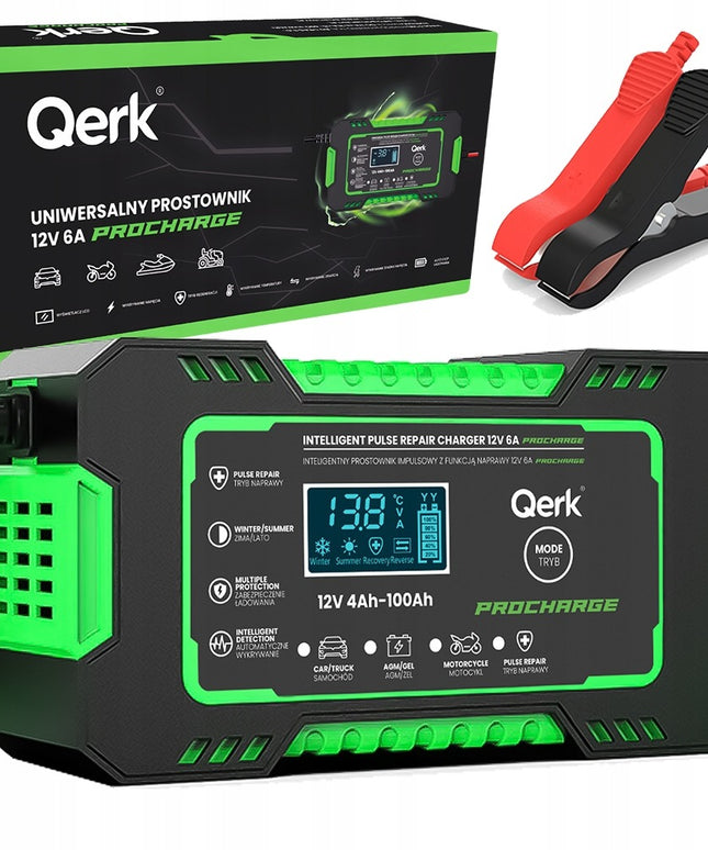 Automobilio akumuliatoriaus pakrovėjas 12V 6A su mikroprocesoriumi ir akumuliatoriaus taisymo funkcija QERK RJ-C120501A, impulsinis automatinis pakrovėjas AGM GEL EFB Start Stop akumuliatoriams