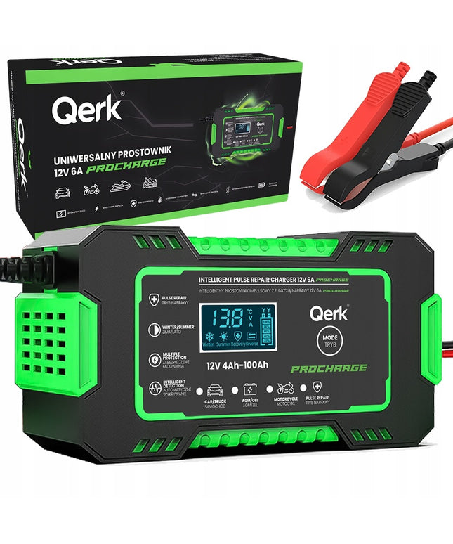 Automobilio akumuliatoriaus pakrovėjas 12V 6A su mikroprocesoriumi ir akumuliatoriaus taisymo funkcija QERK RJ-C120501A, impulsinis automatinis pakrovėjas AGM GEL EFB Start Stop akumuliatoriams