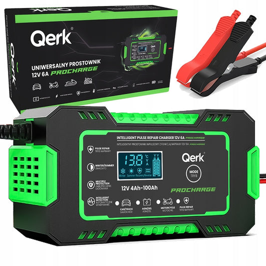 Automobilio akumuliatoriaus pakrovėjas 12V 6A su mikroprocesoriumi ir akumuliatoriaus taisymo funkcija QERK RJ-C120501A, impulsinis automatinis pakrovėjas AGM GEL EFB Start Stop akumuliatoriams