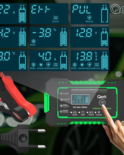 Automobilio akumuliatoriaus pakrovėjas 12V 6A su mikroprocesoriumi ir akumuliatoriaus taisymo funkcija QERK RJ-C120501A, impulsinis automatinis pakrovėjas AGM GEL EFB Start Stop akumuliatoriams