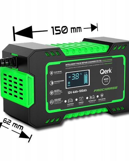 Automobilio akumuliatoriaus pakrovėjas 12V 6A su mikroprocesoriumi ir akumuliatoriaus taisymo funkcija QERK RJ-C120501A, impulsinis automatinis pakrovėjas AGM GEL EFB Start Stop akumuliatoriams