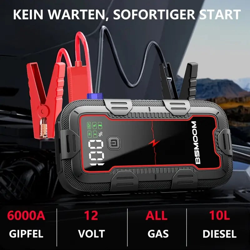 12V automobilio akumuliatoriaus starteris 6000A su LCD ekranu ir LED žibintuvėliu | Power Bank 26800mAh su greitu įkrovimu, tinka iki 10.0L dyzelio ir visiems benzininiams varikliams