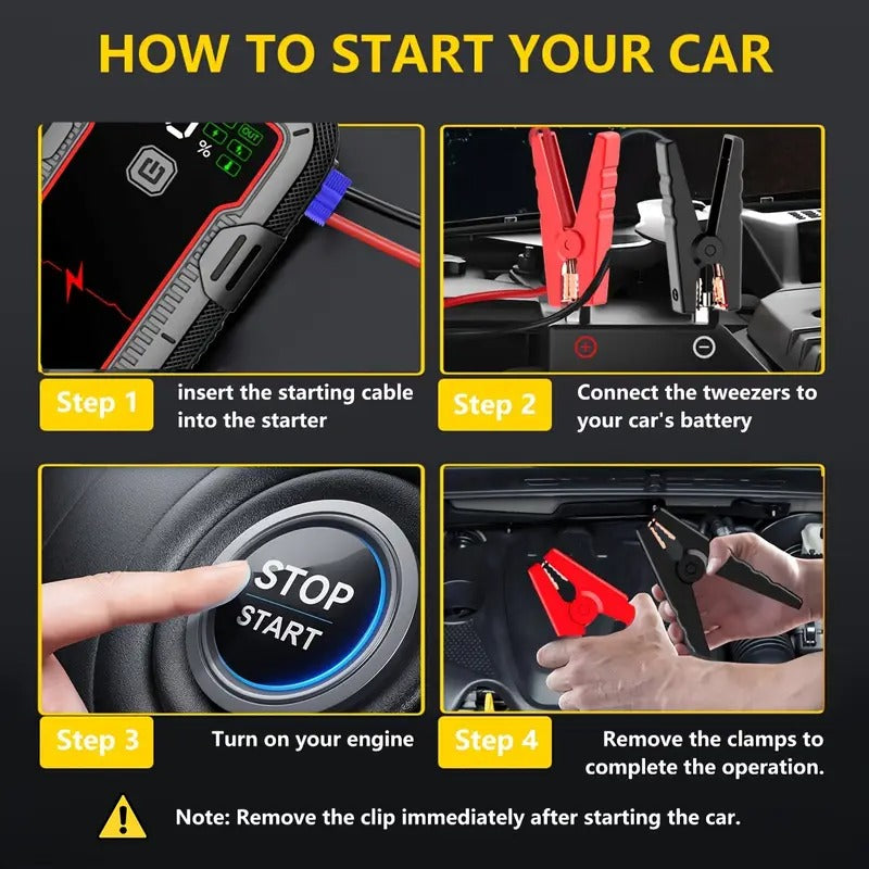 12V automobilio akumuliatoriaus starteris 6000A su LCD ekranu ir LED žibintuvėliu | Power Bank 26800mAh su greitu įkrovimu, tinka iki 10.0L dyzelio ir visiems benzininiams varikliams