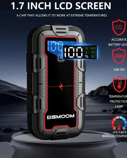 Automobilio užvedėjas 12V 6000A su LCD ekranu ir LED žibintuvėliu | Power Bank 26800mAh su greitu įkrovimu, tinka visiems benzininiams ir iki 10.0L dyzeliniams varikliams