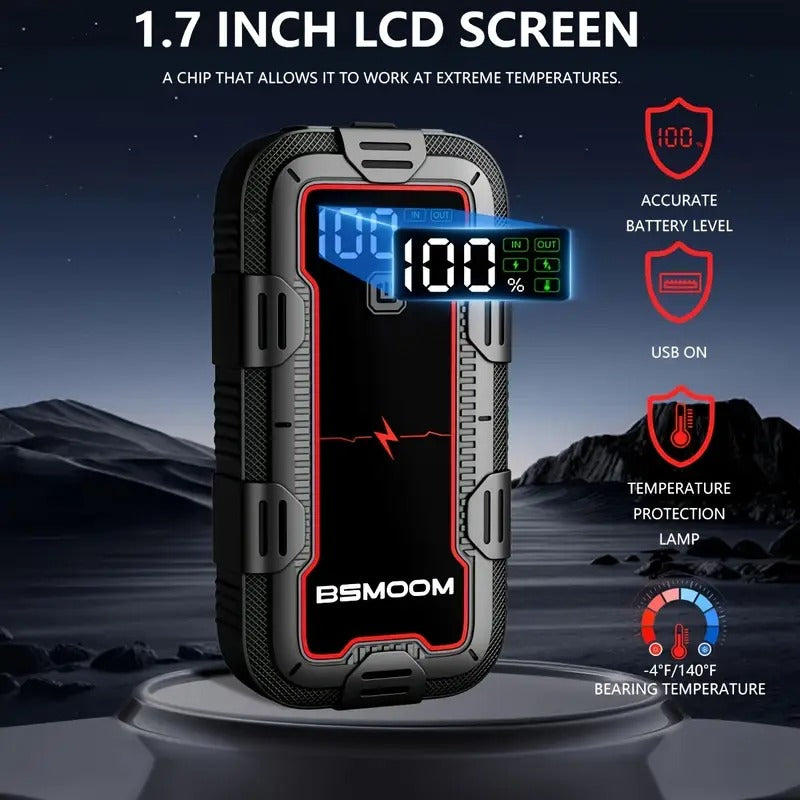 12V automobilio akumuliatoriaus starteris 6000A su LCD ekranu ir LED žibintuvėliu | Power Bank 26800mAh su greitu įkrovimu, tinka iki 10.0L dyzelio ir visiems benzininiams varikliams