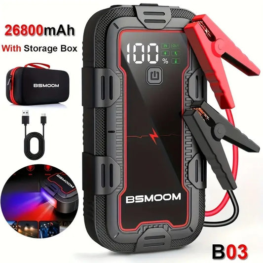 12V automobilio akumuliatoriaus starteris 6000A su LCD ekranu ir LED žibintuvėliu | Power Bank 26800mAh su greitu įkrovimu, tinka iki 10.0L dyzelio ir visiems benzininiams varikliams