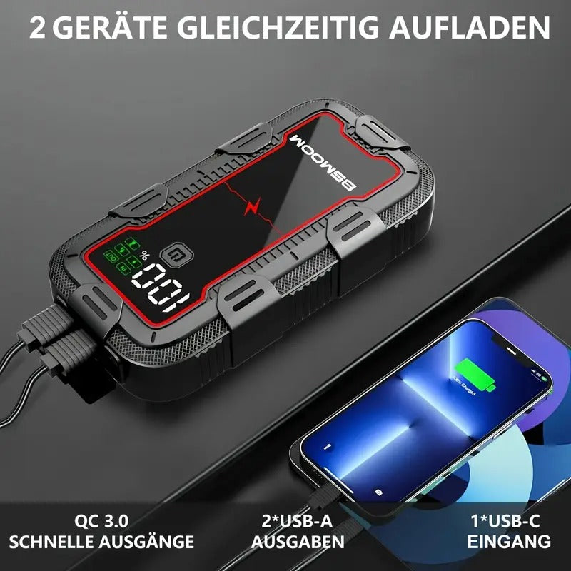 12V automobilio akumuliatoriaus starteris 6000A su LCD ekranu ir LED žibintuvėliu | Power Bank 26800mAh su greitu įkrovimu, tinka iki 10.0L dyzelio ir visiems benzininiams varikliams