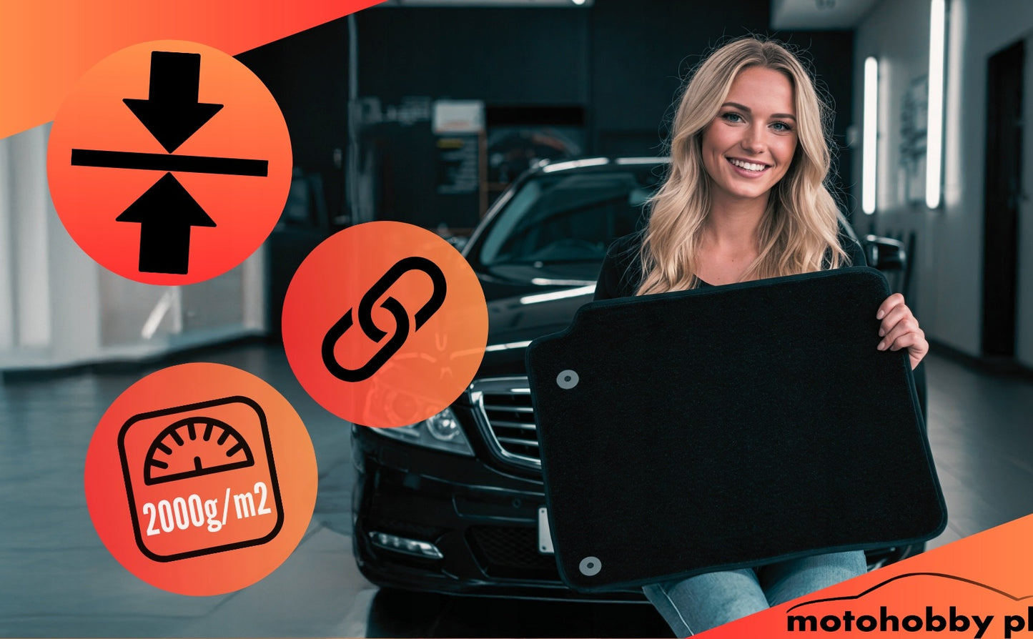 Automobilio kilimėliai veliūriniai Motohobby LUX su juodu nubuku ir fiksatoriais, komplektas 4 vnt