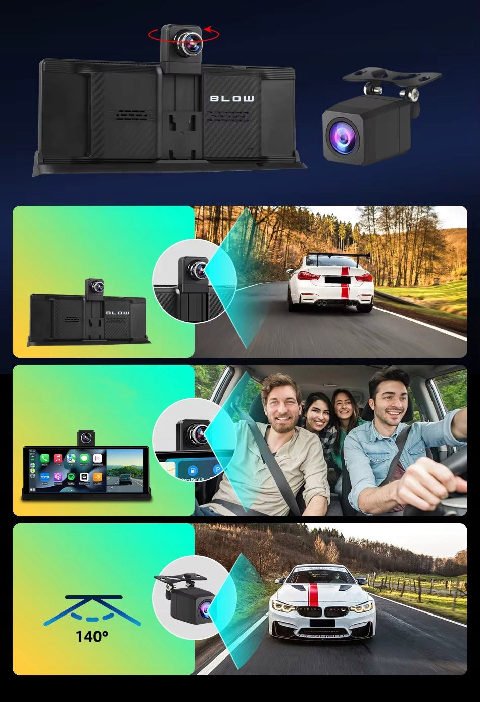 Automobilio multimedijos stotis 10.26" su Android Auto, Apple CarPlay, DVR vaizdo registratoriumi ir galinio vaizdo kamera Blow CarPlay5.0