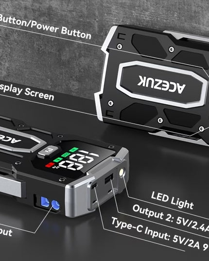 Automobilio Užvedėjas – Galingas Šuolių Starteris 7000A 12V Akumuliatoriaus Pakrovėjas iki 8.0L Benzino arba 7.0L Dyzelio Su LED Žibintuvėliu ir LCD Ekranu