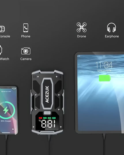 Automobilio Užvedėjas – Galingas Šuolių Starteris 7000A 12V Akumuliatoriaus Pakrovėjas iki 8.0L Benzino arba 7.0L Dyzelio Su LED Žibintuvėliu ir LCD Ekranu