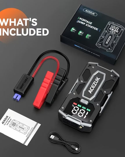 Automobilio Užvedėjas – Galingas Šuolių Starteris 7000A 12V Akumuliatoriaus Pakrovėjas iki 8.0L Benzino arba 7.0L Dyzelio Su LED Žibintuvėliu ir LCD Ekranu