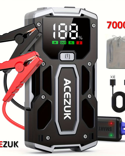 Automobilio Užvedėjas – Galingas Šuolių Starteris 7000A 12V Akumuliatoriaus Pakrovėjas iki 8.0L Benzino arba 7.0L Dyzelio Su LED Žibintuvėliu ir LCD Ekranu