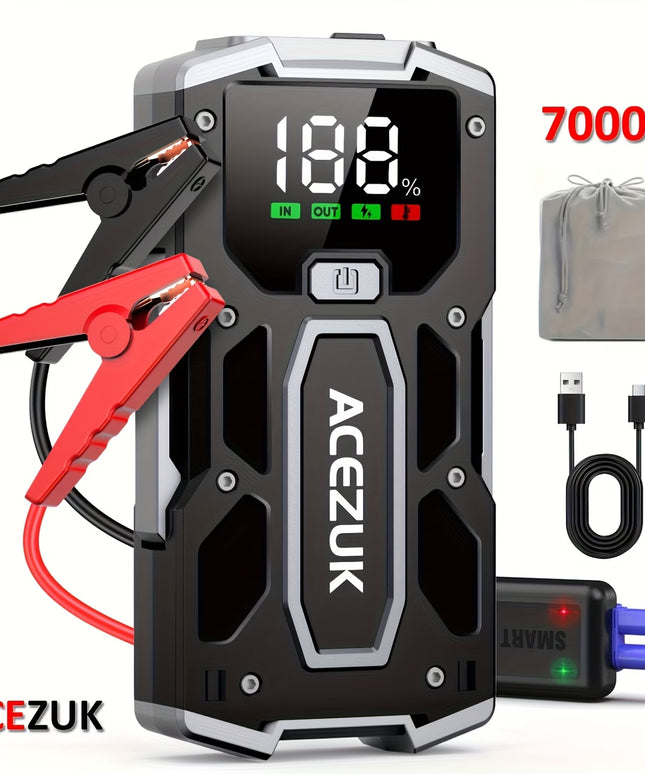 Automobilio Užvedėjas – Galingas Šuolių Starteris 7000A 12V Akumuliatoriaus Pakrovėjas iki 8.0L Benzino arba 7.0L Dyzelio Su LED Žibintuvėliu ir LCD Ekranu