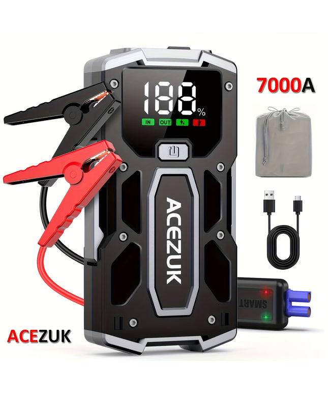 Automobilio Užvedėjas – Galingas Šuolių Starteris 7000A 12V Akumuliatoriaus Pakrovėjas iki 8.0L Benzino arba 7.0L Dyzelio Su LED Žibintuvėliu ir LCD Ekranu