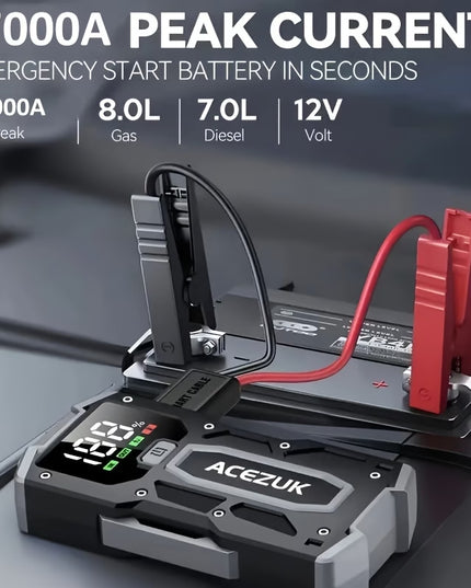 Automobilio Užvedėjas – Galingas Šuolių Starteris 7000A 12V Akumuliatoriaus Pakrovėjas iki 8.0L Benzino arba 7.0L Dyzelio Su LED Žibintuvėliu ir LCD Ekranu