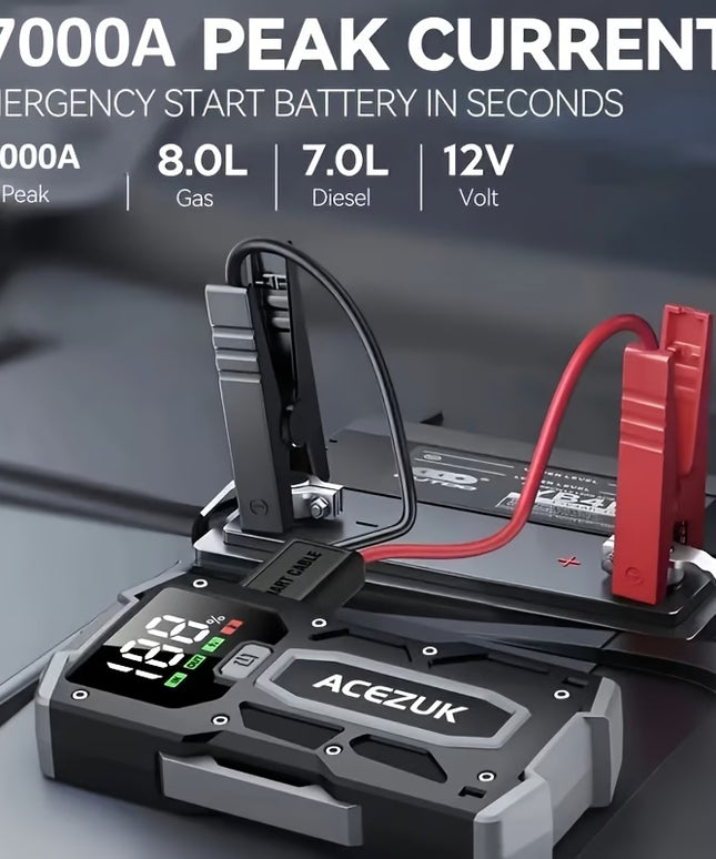 Automobilio Užvedėjas – Galingas Šuolių Starteris 7000A 12V Akumuliatoriaus Pakrovėjas iki 8.0L Benzino arba 7.0L Dyzelio Su LED Žibintuvėliu ir LCD Ekranu