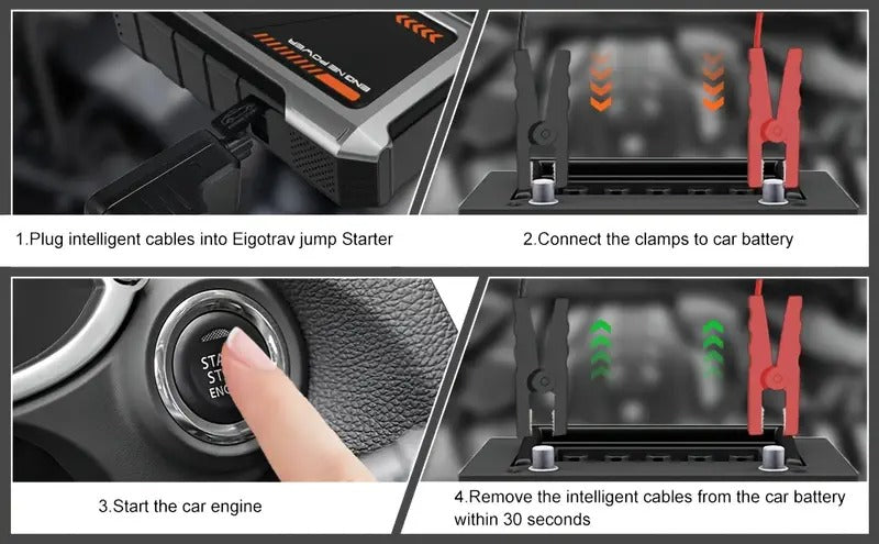 Automobilio užvedėjas su oro kompresoriumi 12V 6000A akumuliatoriaus starteris su LCD ekranu, LED žibintuvėliu ir Power Bank funkcija, tinka benzininiams iki 7.5L ir dyzeliniams iki 6L varikliams