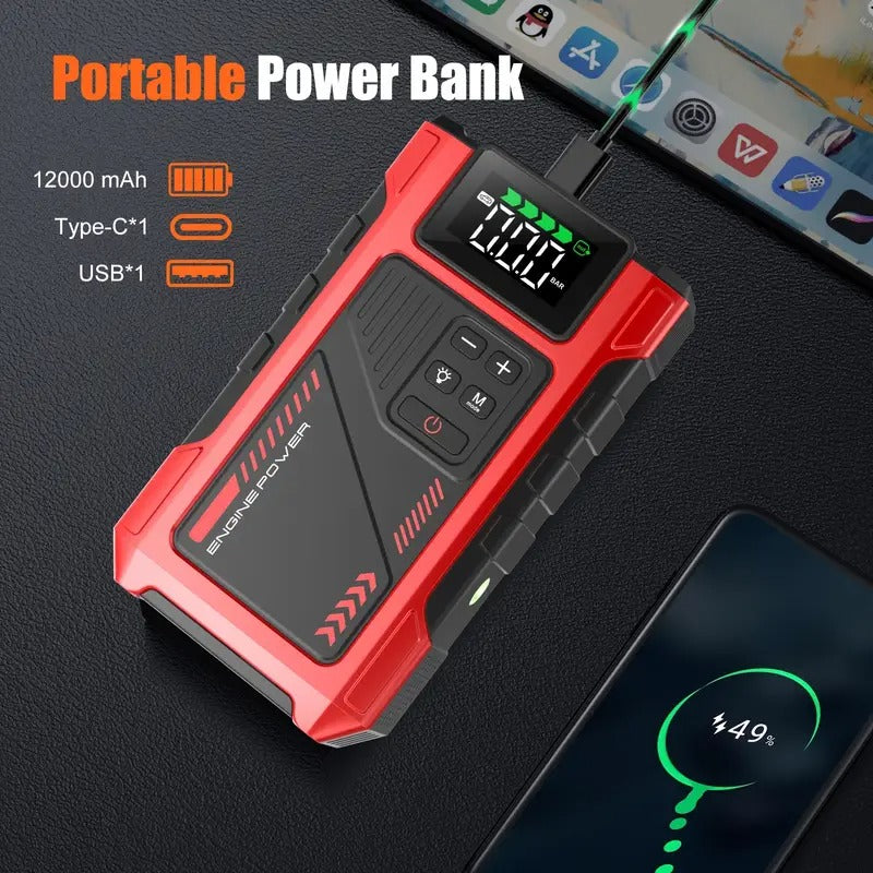 Automobilio užvedėjas su oro kompresoriumi 12V 6000A akumuliatoriaus starteris su LCD ekranu, LED žibintuvėliu ir Power Bank funkcija, tinka benzininiams iki 7.5L ir dyzeliniams iki 6L varikliams