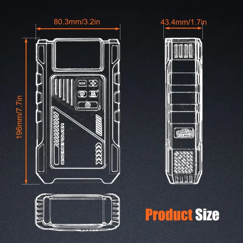 Automobilio užvedėjas su oro kompresoriumi 12V 6000A akumuliatoriaus starteris su LCD ekranu, LED žibintuvėliu ir Power Bank funkcija, tinka benzininiams iki 7.5L ir dyzeliniams iki 6L varikliams