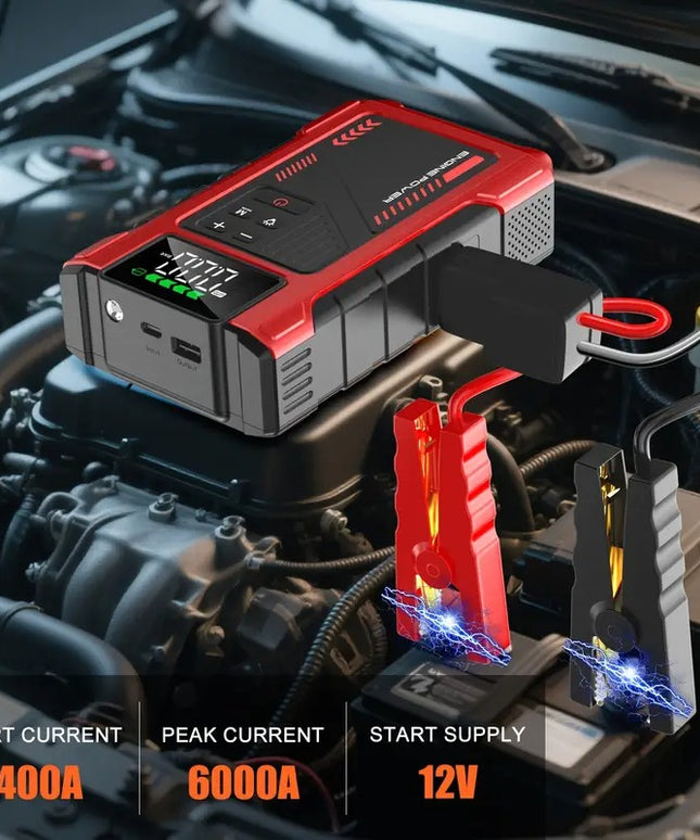 Automobilio užvedėjas su oro kompresoriumi 12V 6000A akumuliatoriaus starteris su LCD ekranu, LED žibintuvėliu ir Power Bank funkcija, tinka benzininiams iki 7.5L ir dyzeliniams iki 6L varikliams