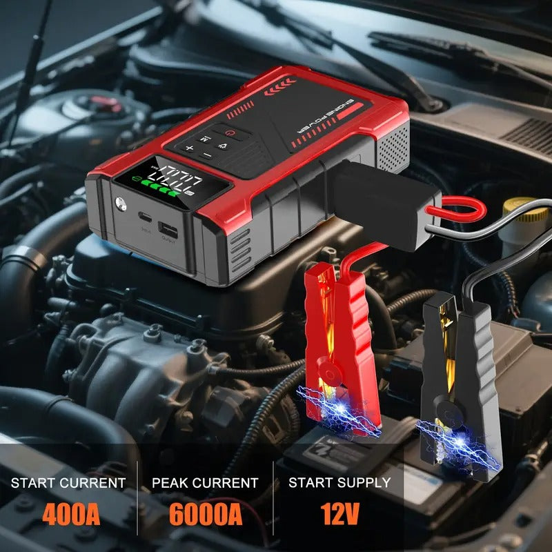 Automobilio užvedėjas su oro kompresoriumi 12V 6000A akumuliatoriaus starteris su LCD ekranu, LED žibintuvėliu ir Power Bank funkcija, tinka benzininiams iki 7.5L ir dyzeliniams iki 6L varikliams
