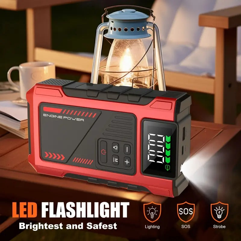 Automobilio užvedėjas su oro kompresoriumi 12V 6000A akumuliatoriaus starteris su LCD ekranu, LED žibintuvėliu ir Power Bank funkcija, tinka benzininiams iki 7.5L ir dyzeliniams iki 6L varikliams