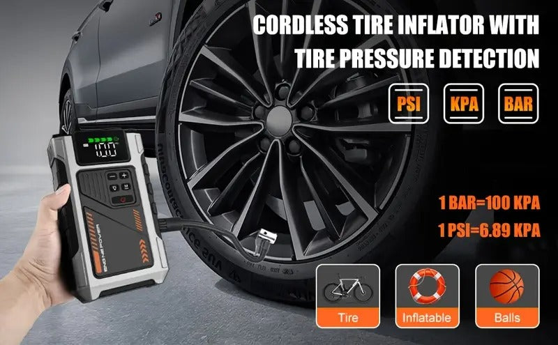 Automobilio užvedėjas su oro kompresoriumi 12V 6000A akumuliatoriaus starteris su LCD ekranu, LED žibintuvėliu ir Power Bank funkcija, tinka benzininiams iki 7.5L ir dyzeliniams iki 6L varikliams