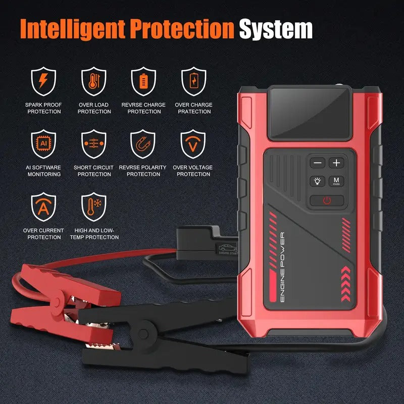 Automobilio užvedėjas su oro kompresoriumi 12V 6000A akumuliatoriaus starteris su LCD ekranu, LED žibintuvėliu ir Power Bank funkcija, tinka benzininiams iki 7.5L ir dyzeliniams iki 6L varikliams