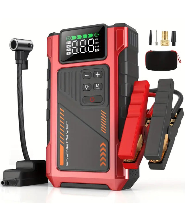 Automobilio užvedėjas su oro kompresoriumi 12V 6000A akumuliatoriaus starteris su LCD ekranu, LED žibintuvėliu ir Power Bank funkcija, tinka benzininiams iki 7.5L ir dyzeliniams iki 6L varikliams