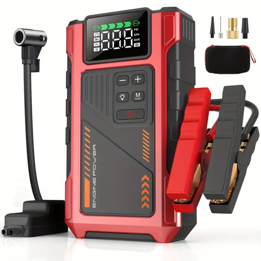 Automobilio užvedėjas su oro kompresoriumi 12V 6000A akumuliatoriaus starteris su LCD ekranu, LED žibintuvėliu ir Power Bank funkcija, tinka benzininiams iki 7.5L ir dyzeliniams iki 6L varikliams