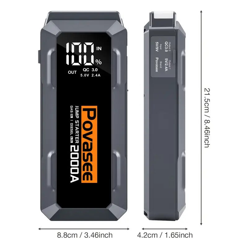 Automobilio užvedėjas Povasee A20 20000mAh 2000A – akumuliatoriaus paleidėjas su Power Bank ir LED žibintuvėliu