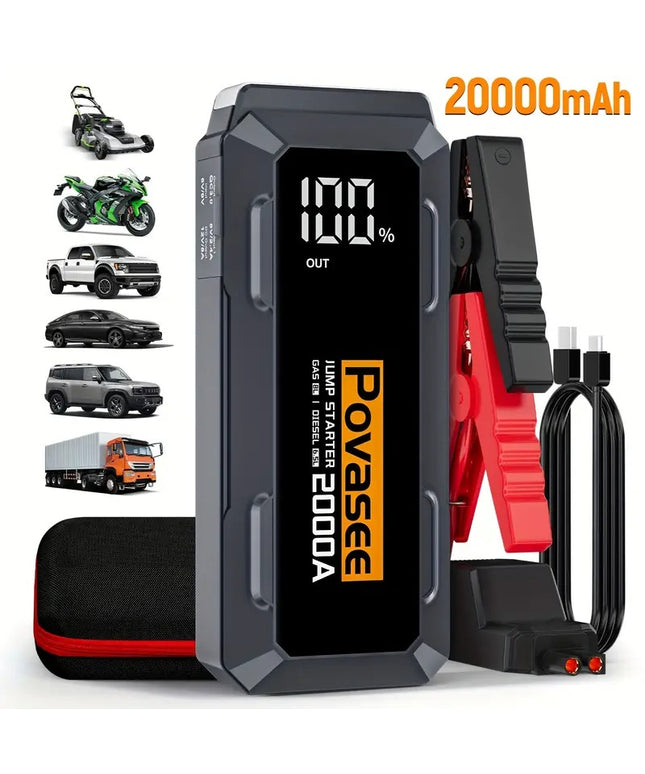 Automobilio užvedėjas Povasee A20 20000mAh 2000A – akumuliatoriaus paleidėjas su Power Bank ir LED žibintuvėliu