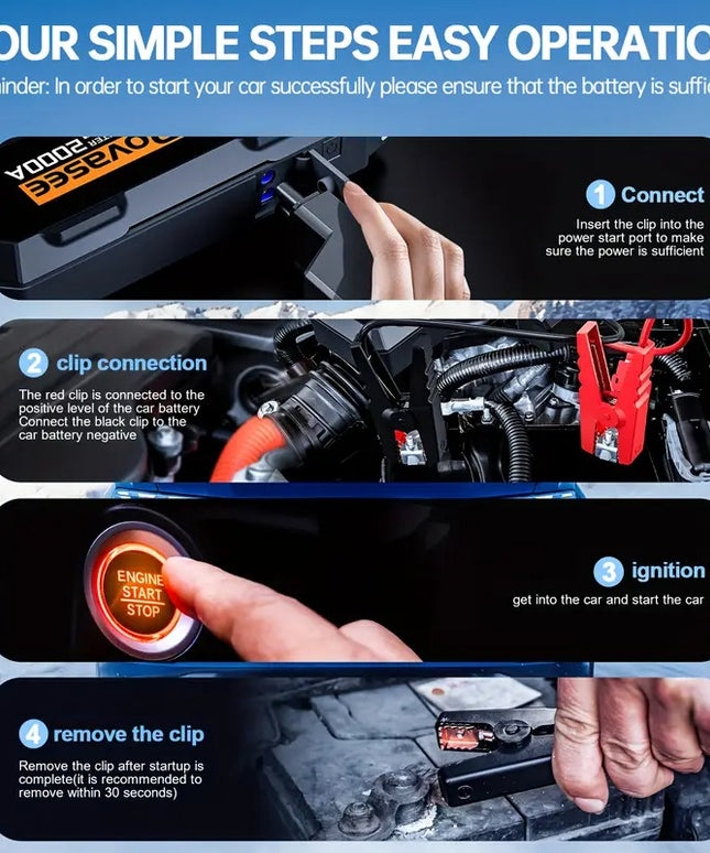 Automobilio užvedėjas Povasee A20 20000mAh 2000A – akumuliatoriaus paleidėjas su Power Bank ir LED žibintuvėliu