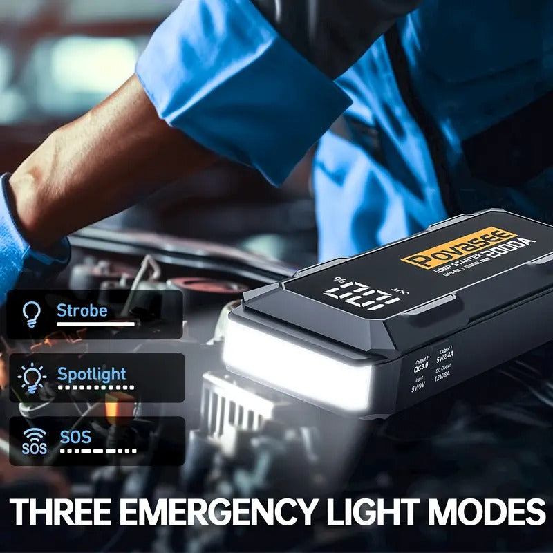 Automobilio užvedėjas Povasee A20 20000mAh 2000A – akumuliatoriaus paleidėjas su Power Bank ir LED žibintuvėliu