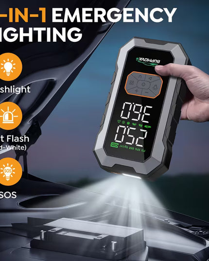 Automobilio užvedėjas su kompresoriumi 9000A 25000mAh – galingas 12V akumuliatoriaus paleidimo įrenginys su power bank ir LED žibintais benzinui ir 10.0L dyzeliui