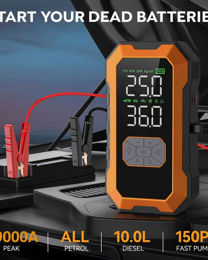 Automobilio užvedėjas su kompresoriumi 9000A 25000mAh – galingas 12V akumuliatoriaus paleidimo įrenginys su power bank ir LED žibintais benzinui ir 10.0L dyzeliui