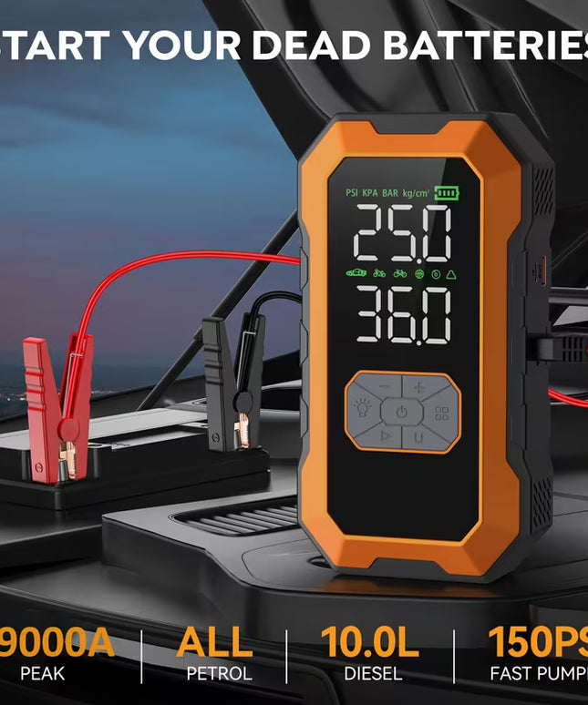 Automobilio užvedėjas su kompresoriumi 9000A 25000mAh – galingas 12V akumuliatoriaus paleidimo įrenginys su power bank ir LED žibintais benzinui ir 10.0L dyzeliui